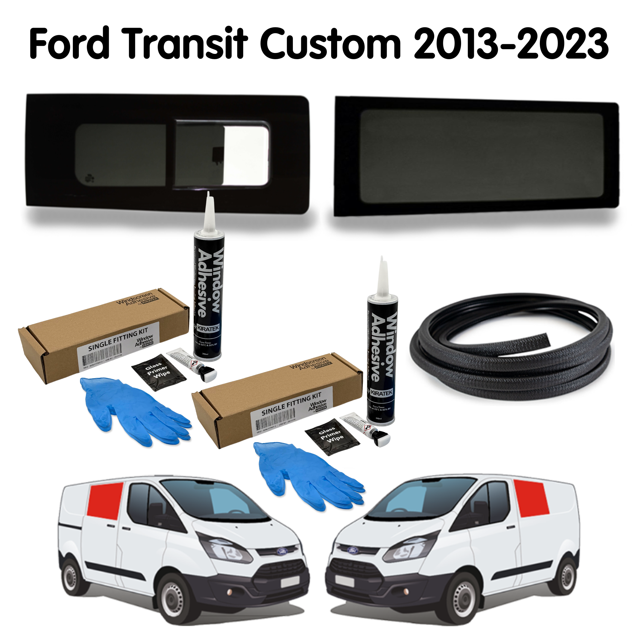 Left Fixed + Right Opening Campervan Side Windows + Fitting Kit for Ford Transit Custom 1st Gen V362 (2013-2023)