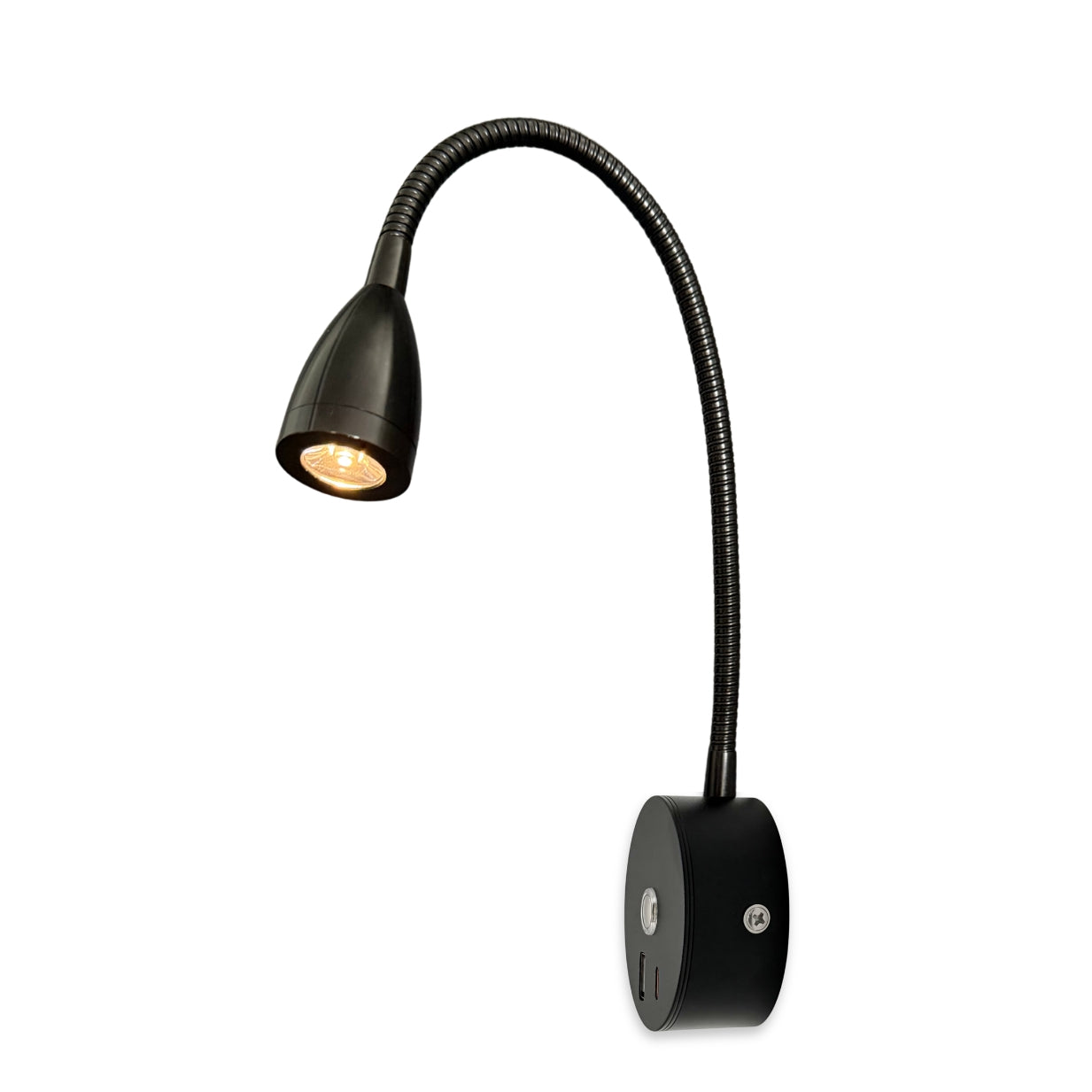 Black LED Cone Reading Lamp with USB A+C, 300mm — Dimmable, Touch Control + Memory Function (Warm White)
