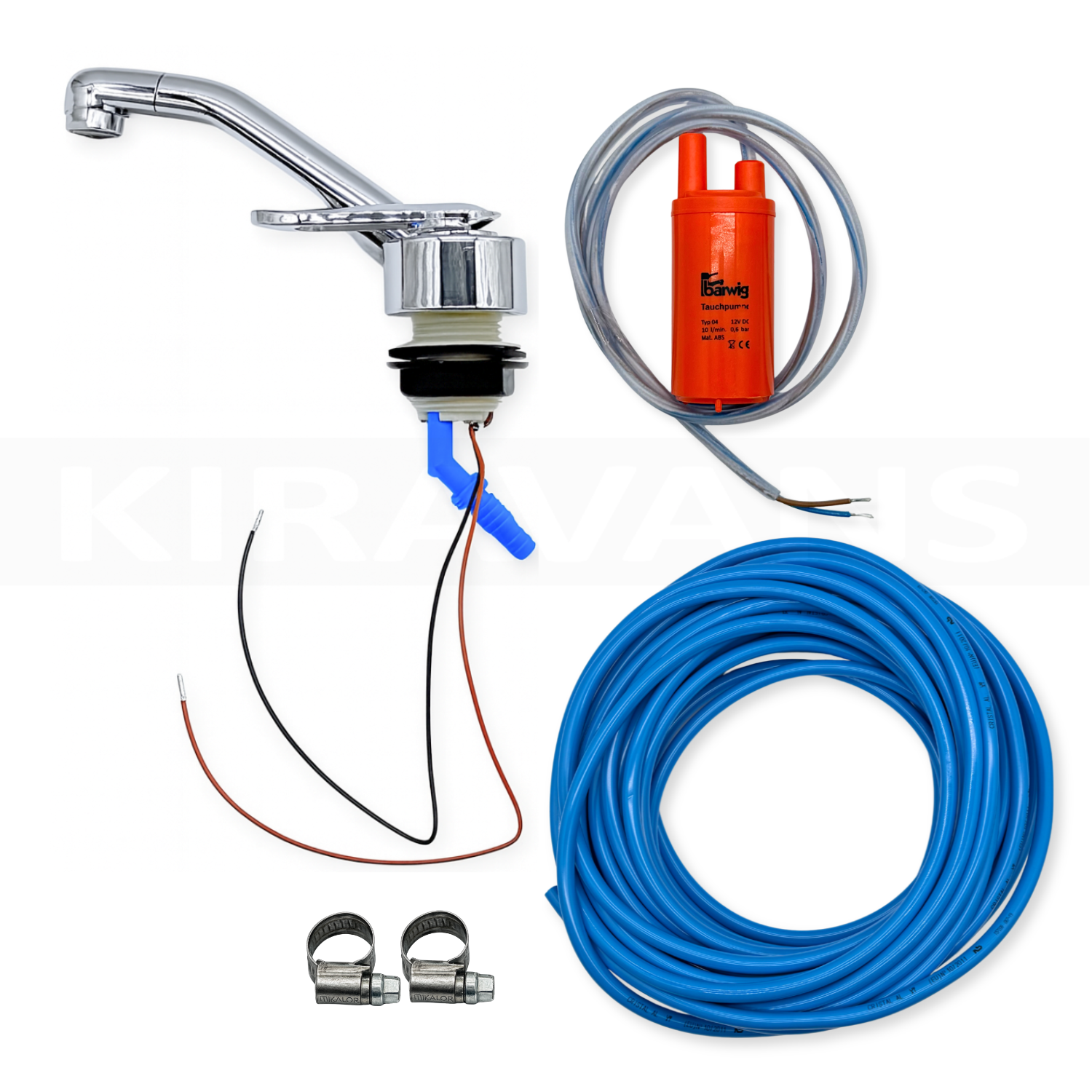 Fresh Water Installation Kit for Campervan Plumbing - Tap, Pump, Hose & Clips