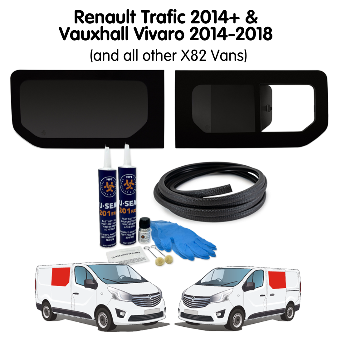 1 Left Fixed + 1 Right Opening Campervan Side Window + Fitting Kit for Vauxhall Vivaro (2014-2018), Renault Trafic (2014 - Present) & Other X82 Vans