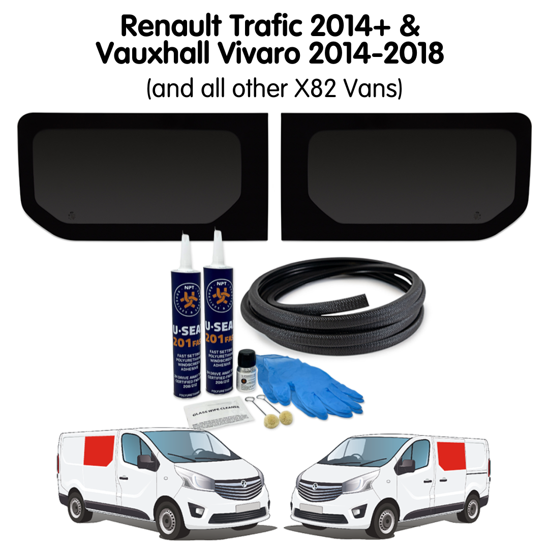 Pair of Fixed Campervan Side Windows + Fitting Kit for Vauxhall Vivaro (2014-2018), Renault Trafic (2014 - Present) & Other X82 Vans