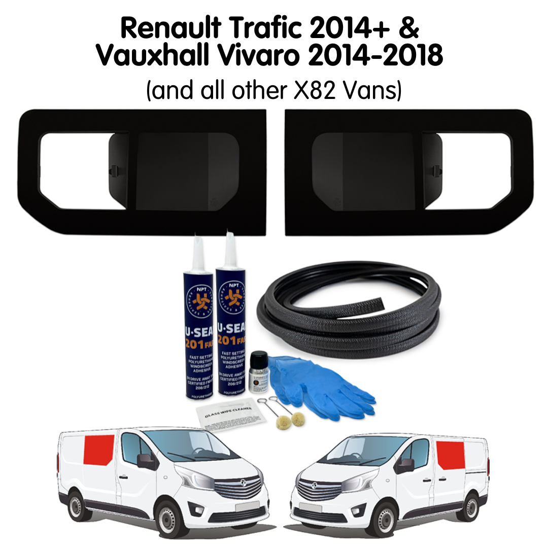 Pair of Opening Campervan Side Windows + Fitting Kit for Vauxhall Vivaro (2014-2018), Renault Trafic (2014 - Present) & Other X82 Vans