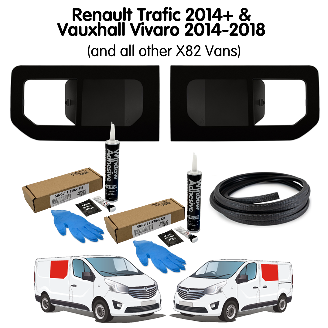 Pair of Opening Campervan Side Windows + Fitting Kit for Vauxhall Vivaro (2014-2018), Renault Trafic (2014 - Present) & Other X82 Vans