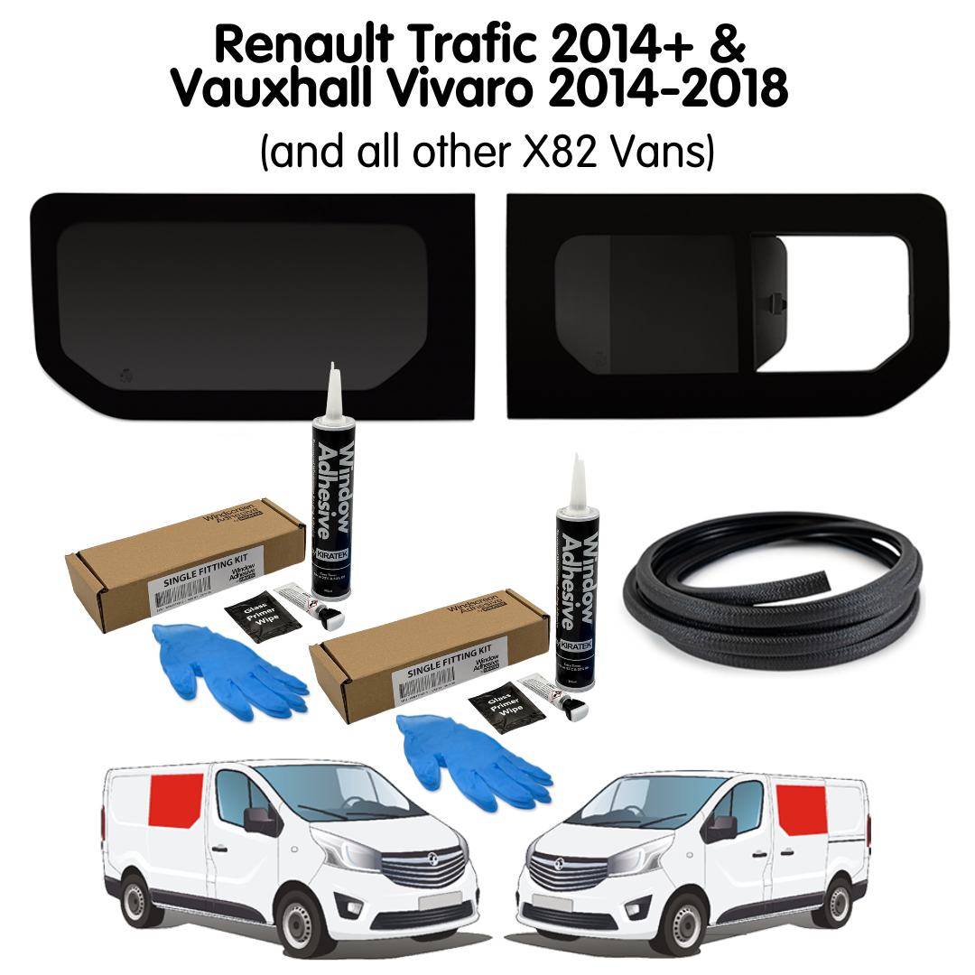 1 Left Fixed + 1 Right Opening Campervan Side Window + Fitting Kit for Vauxhall Vivaro (2014-2018), Renault Trafic (2014 - Present) & Other X82 Vans