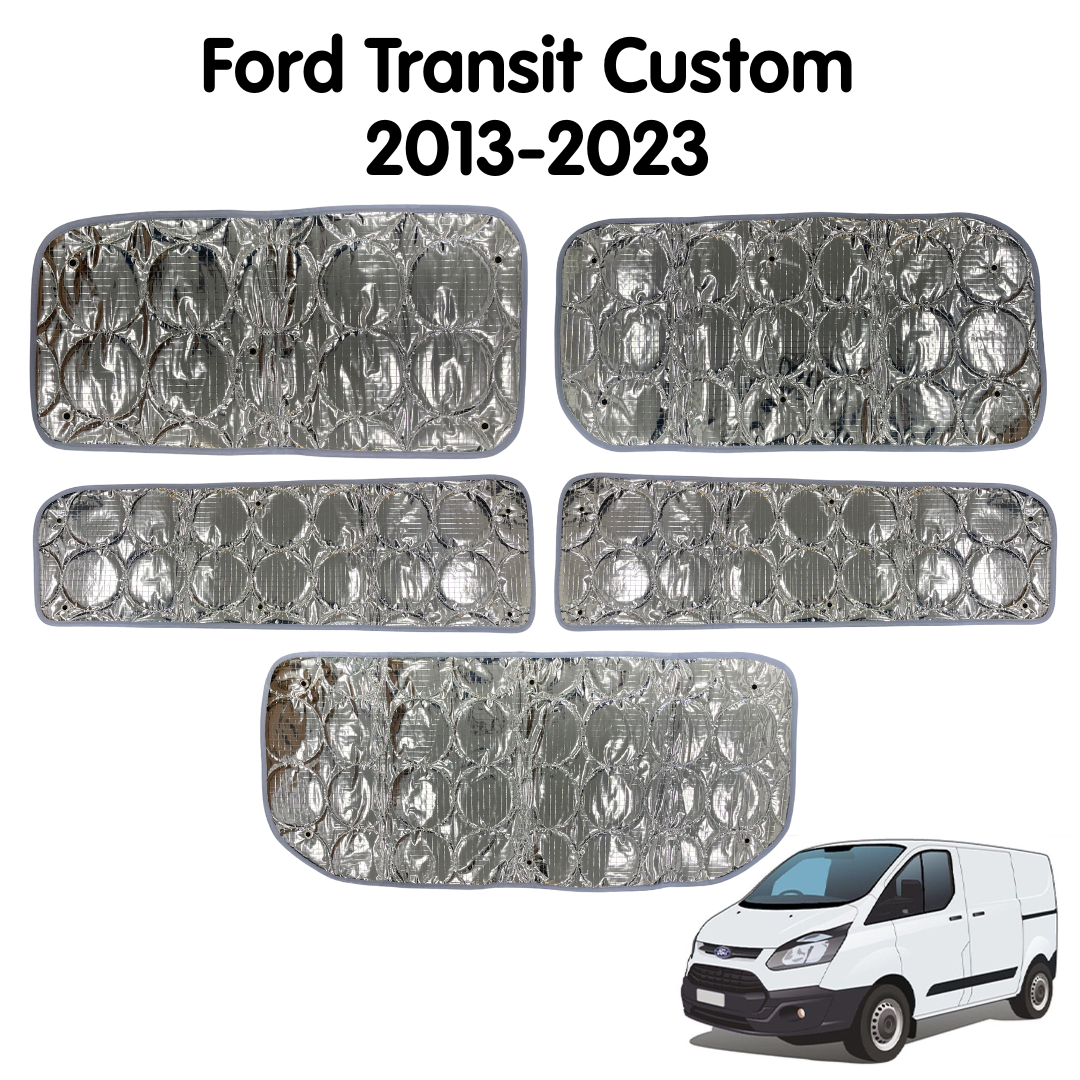 Thermal 5-Piece Internal Silver Screens for Ford Transit Custom 2013-2023 - Side Windows + Tailgate (Short Wheel Base)