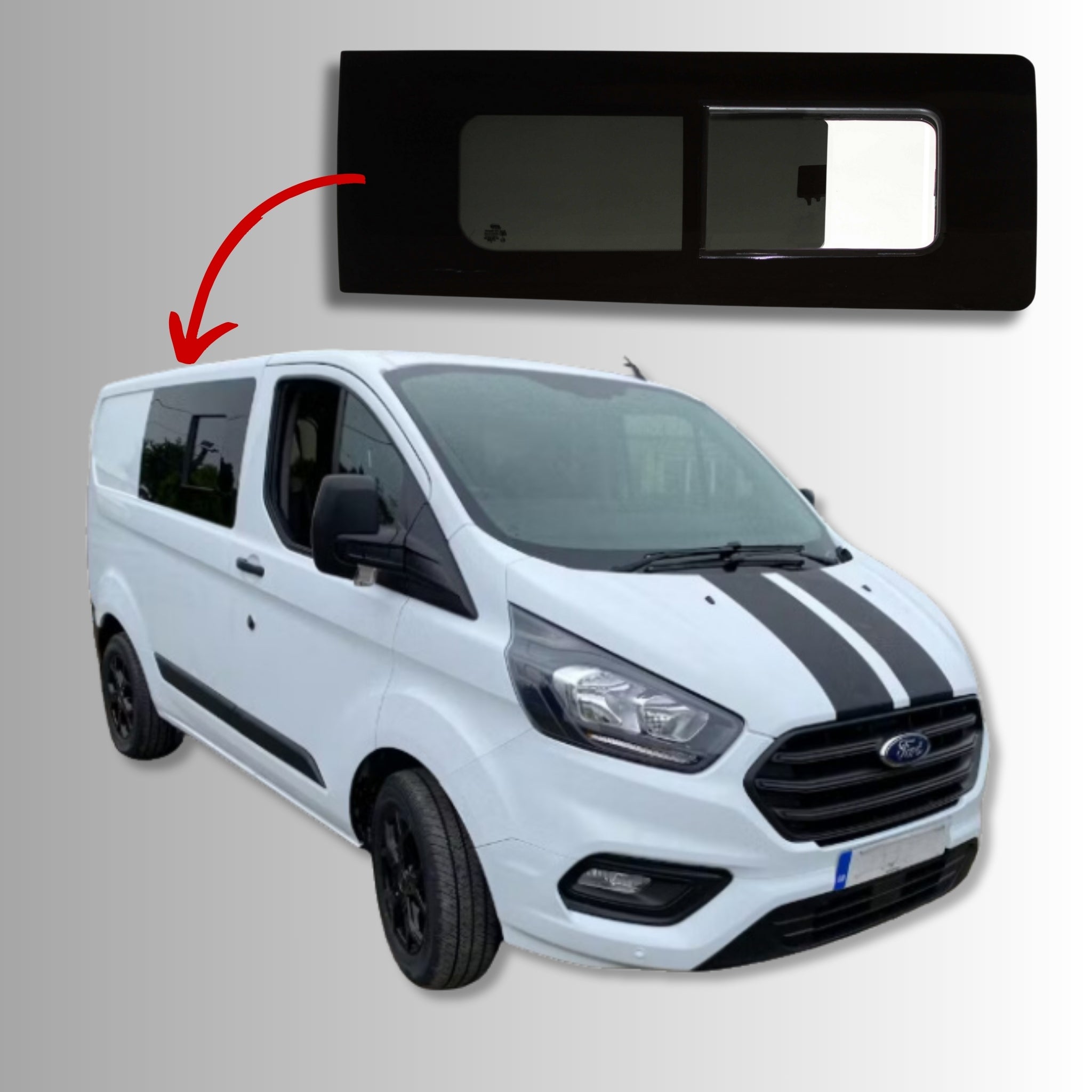 Left Fixed + Right Opening Campervan Side Windows + Fitting Kit for Ford Transit Custom 1st Gen V362 (2013-2023)