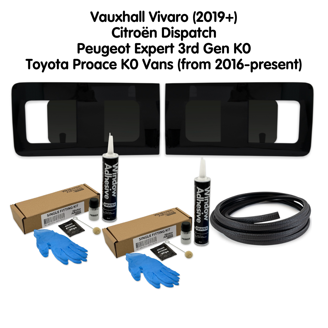 Pair of Opening Campervan Side Windows + Fitting Kit for Vauxhall Vivaro (2019+) and Citroën Dispatch, Peugeot Expert 3rd Gen K0, Toyota Proace K0 Vans (from 2016-present)