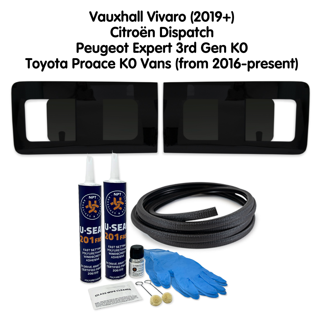 Pair of Opening Campervan Side Windows + Fitting Kit for Vauxhall Vivaro (2019+) and Citroën Dispatch, Peugeot Expert 3rd Gen K0, Toyota Proace K0 Vans (from 2016-present)