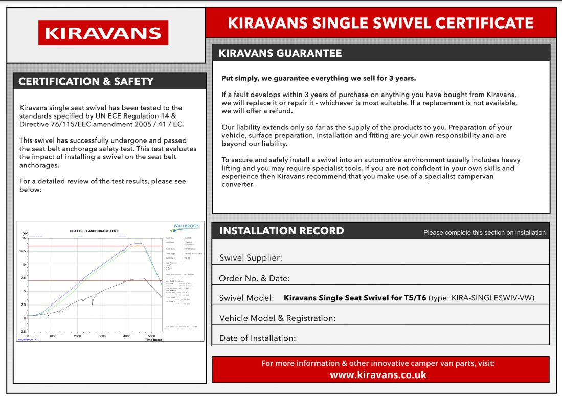 NEW! Kiravans VW T5/T6 Single Seat Swivel - Driver / Passenger Interchangeable Designed by Kiravans