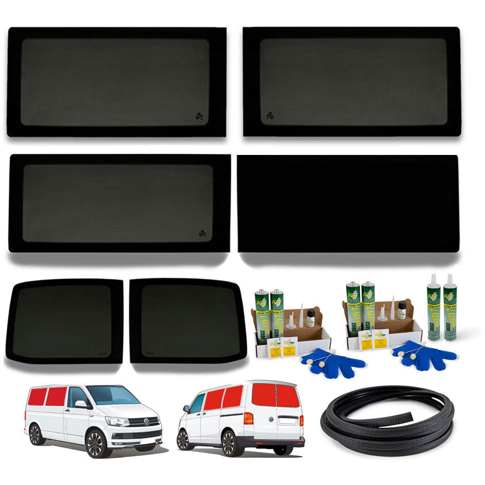 VW T5/T6 Complete Campervan Window Bundle - Twin Fixed + Left Rear + Right FAKE + Barn Doors Camper Glass by Kiravans 