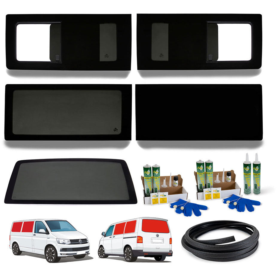 VW T5 Complete Campervan Window Bundle - Twin Opening + Left Rear + Right FAKE + Tailgate Camper Glass by Kiravans