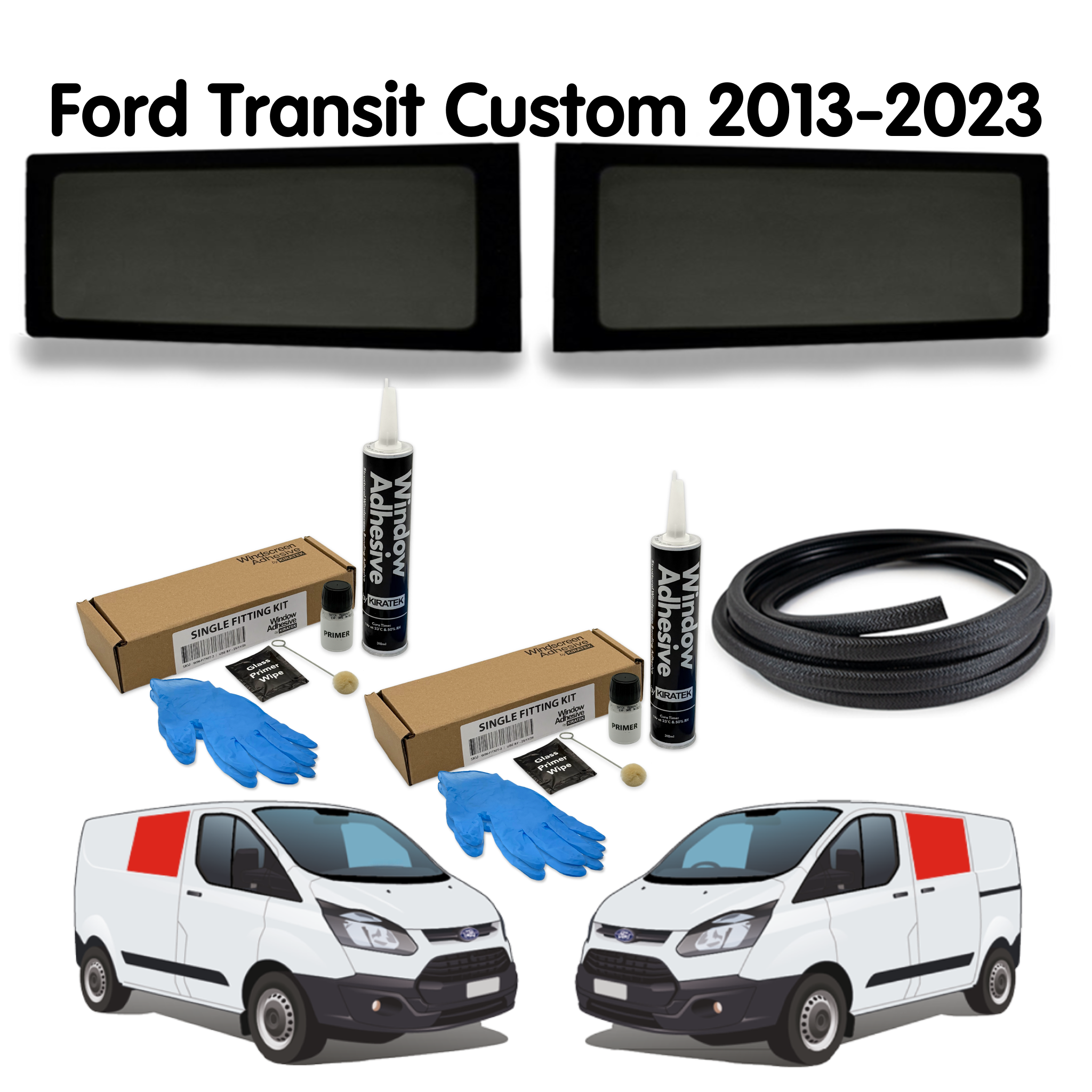 Pair of Fixed Campervan Side Windows + Fitting Kit for Ford Transit Custom 1st Gen V362 (2013-2023)