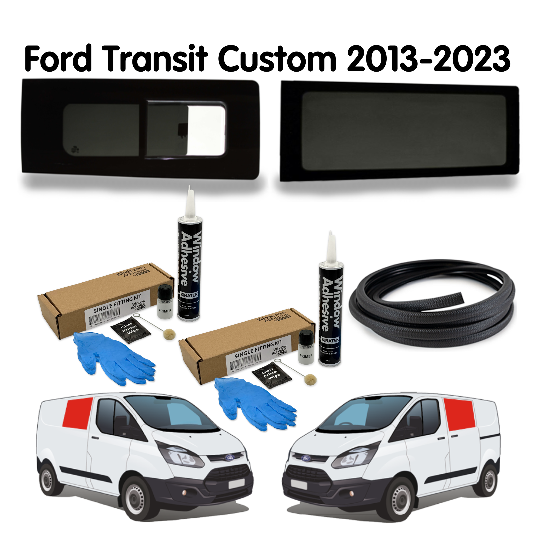 Left Fixed + Right Opening Campervan Side Windows + Fitting Kit for Ford Transit Custom 1st Gen V362 (2013-2023)