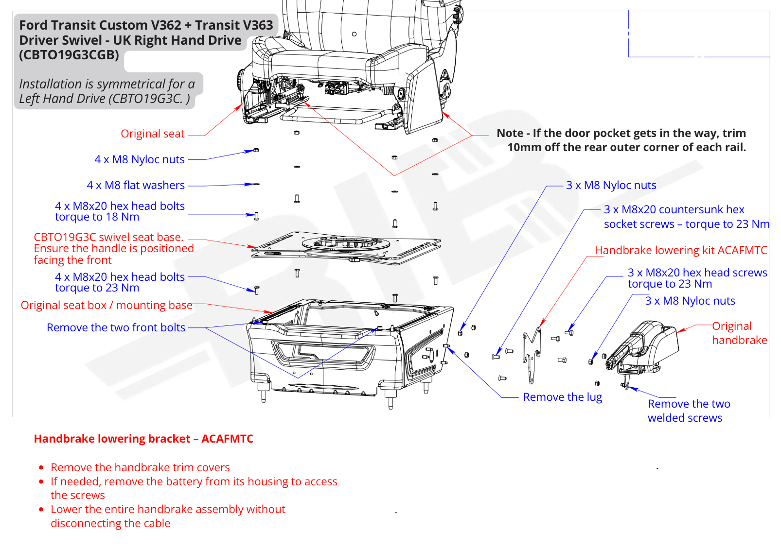 Ford Transit Mk 8 V363 (2014 - present) RIB V3 Single Seat Swivel - DRIVER (Includes RIB Handbrake Kit) + PASSENGER