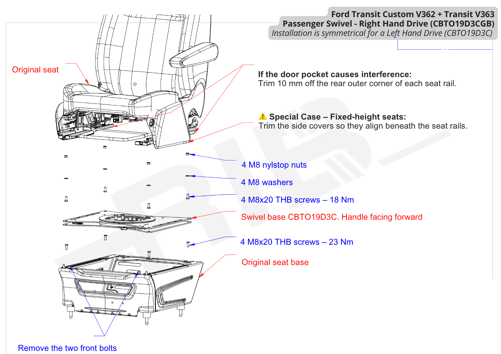 Ford Transit Mk 8 V363 (2014 - present) RIB V3 Single Seat Swivel - DRIVER (Includes RIB Handbrake Kit) + PASSENGER