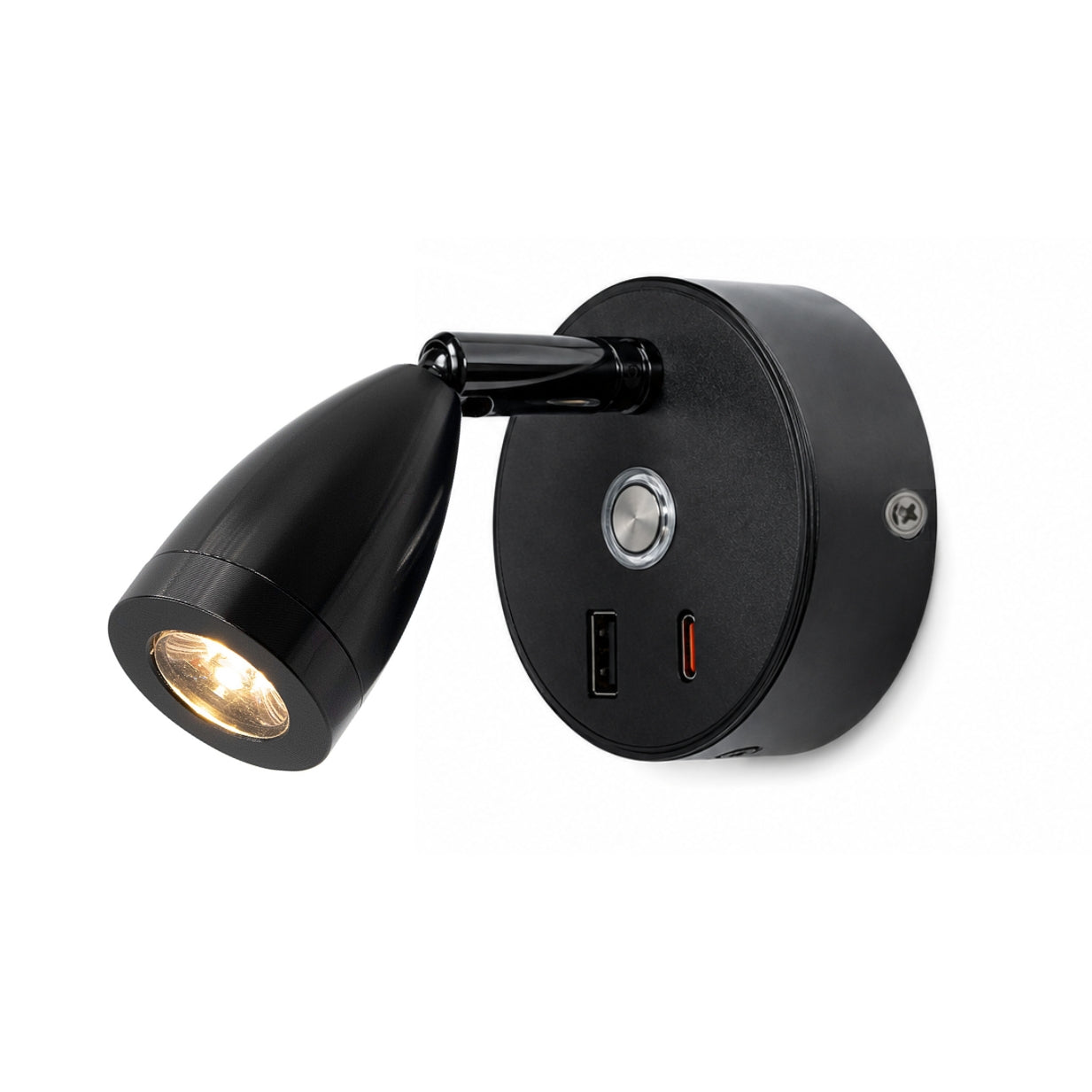 Black LED Cone Spotlight with USB A+C — Dimmable, Touch Control + Memory Function (Warm White)