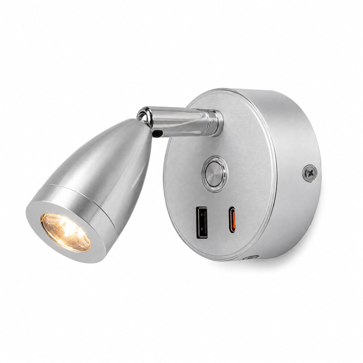 Silver LED Cone Spotlight with USB A+C — Dimmable, Touch Control + Memory Function (Warm White)