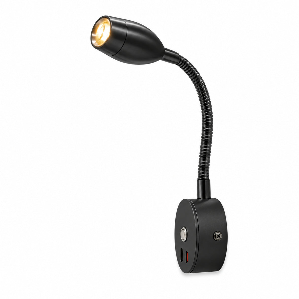 Black LED Tulip Reading Lamp with  USB A+C, 150cm — Dimmable, Touch Control + Memory Function (Warm White)