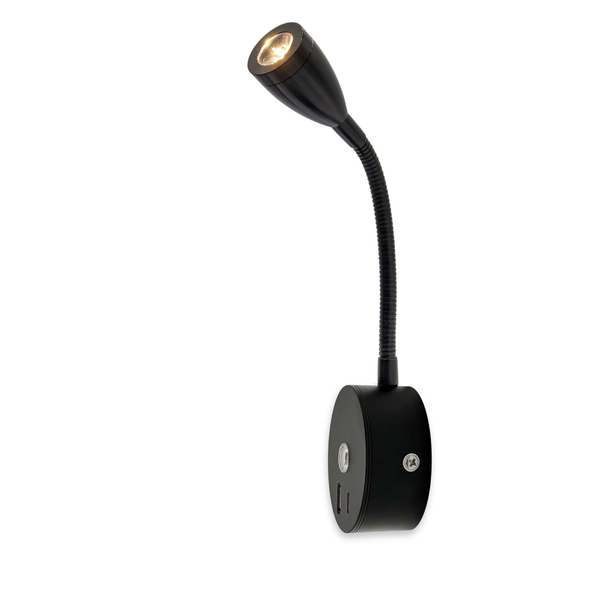 Black LED Cone Reading Lamp with USB A+C, 150mm — Dimmable, Touch Control + Memory Function (Warm White)