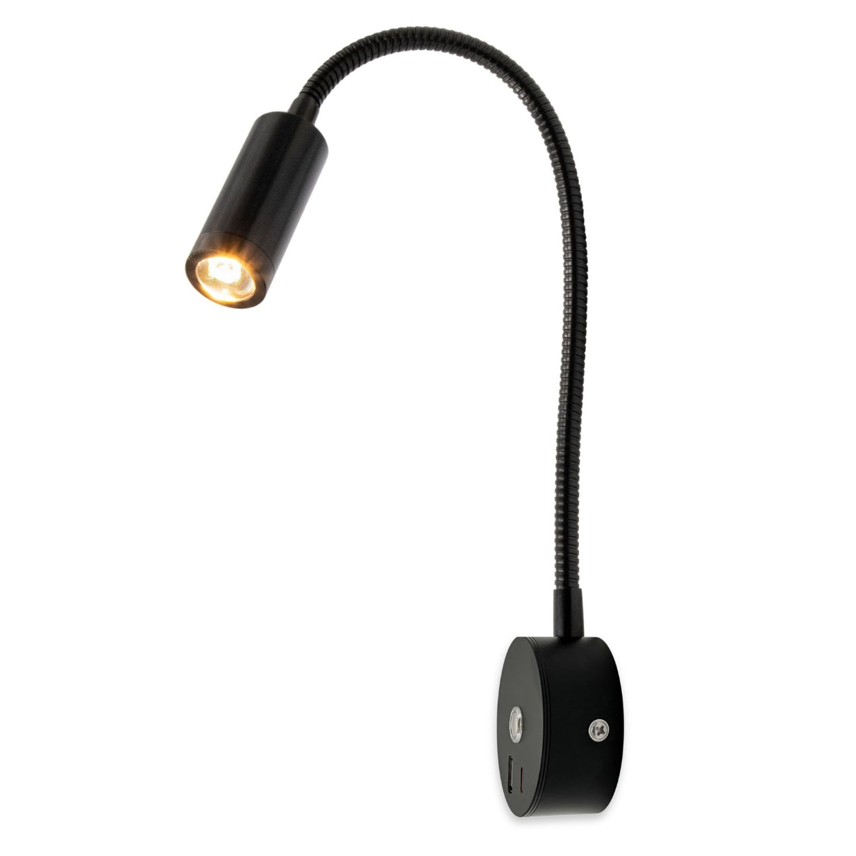 Black LED Barrel Reading Lamp with USB A+C, 300mm — Dimmable, Touch Control + Memory Function (Warm White)