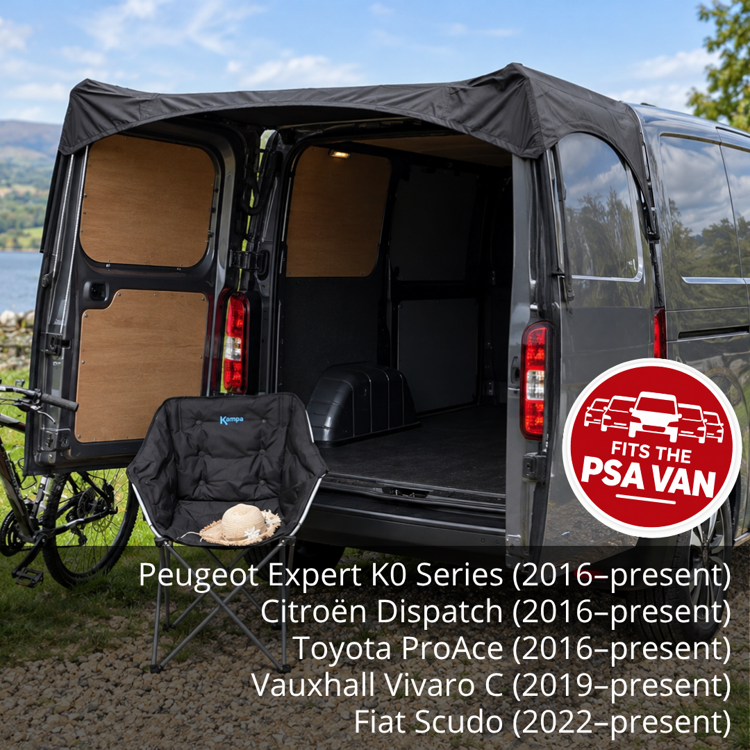 Kiravans Barn Door Campervan Awning for PSA Vans (Peugeot Expert 2016–present, Citroën Dispatch 2016–present, Toyota ProAce 2016–present, Vauxhall Vivaro C 2019–present & Fiat Scudo 2022–present