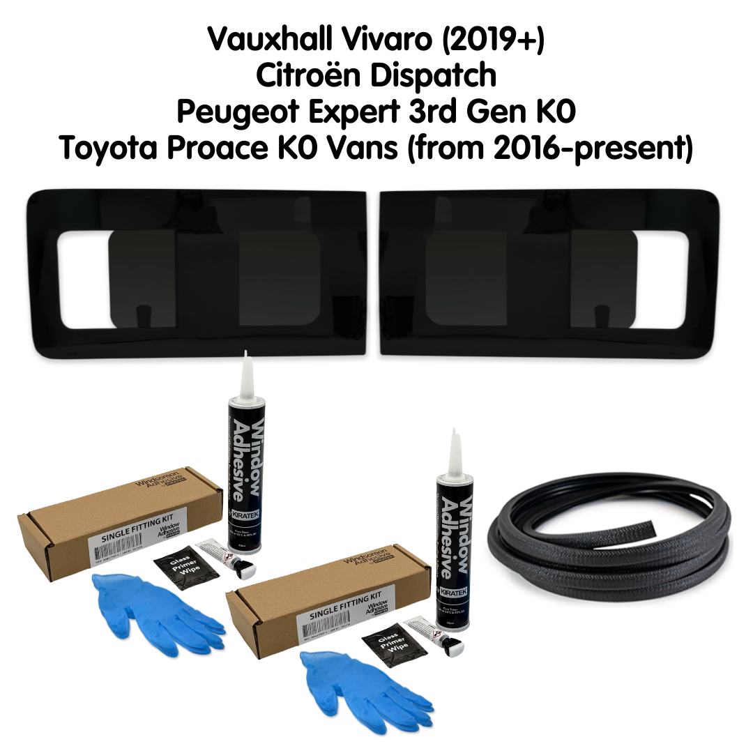 Pair of Opening Campervan Side Windows + Fitting Kit for Vauxhall Vivaro (2019+) and Citroën Dispatch, Peugeot Expert 3rd Gen K0, Toyota Proace K0 Vans (from 2016-present)