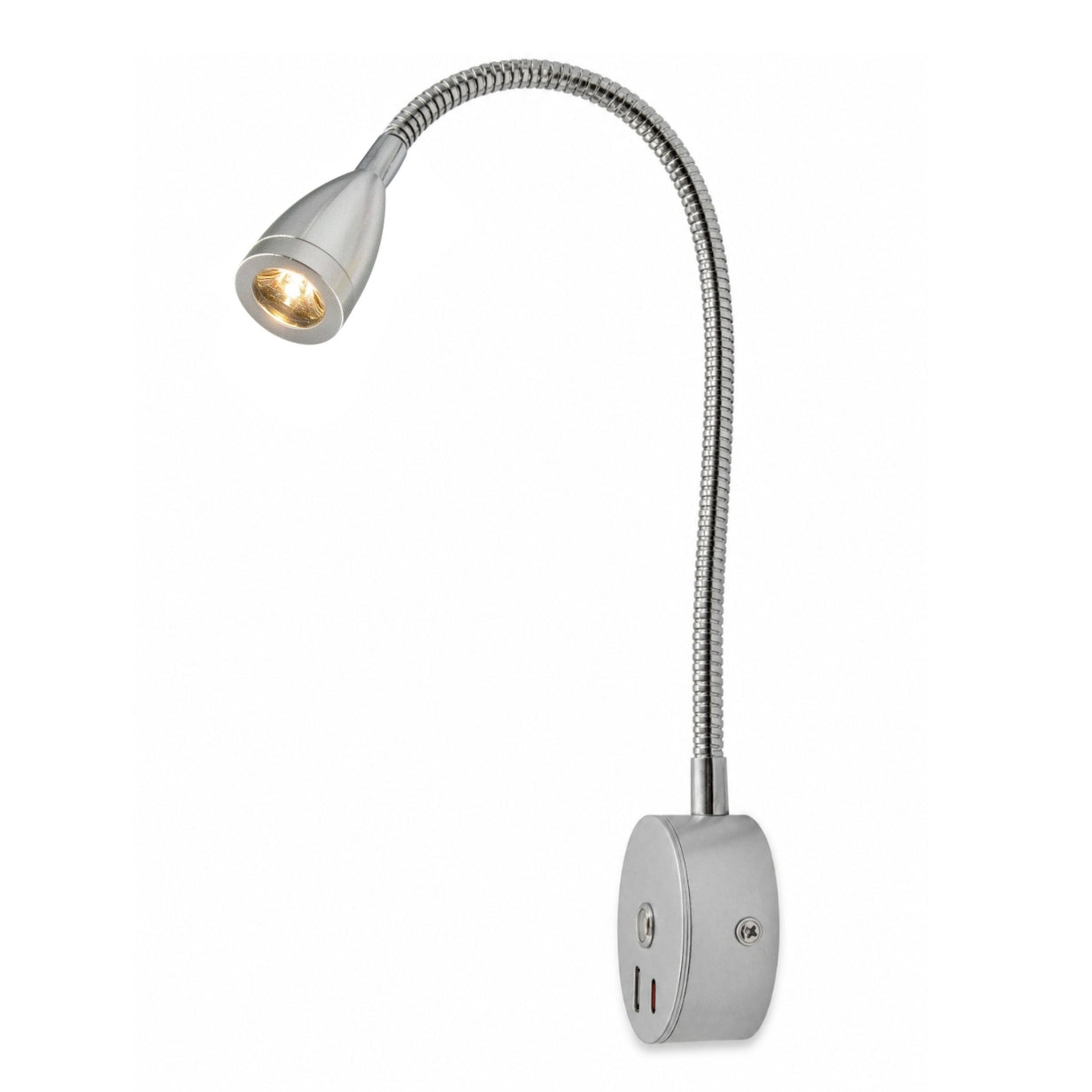 Silver LED Cone Reading Lamp with USB A+C, 300mm — Dimmable, Touch Control + Memory Function (Warm White)