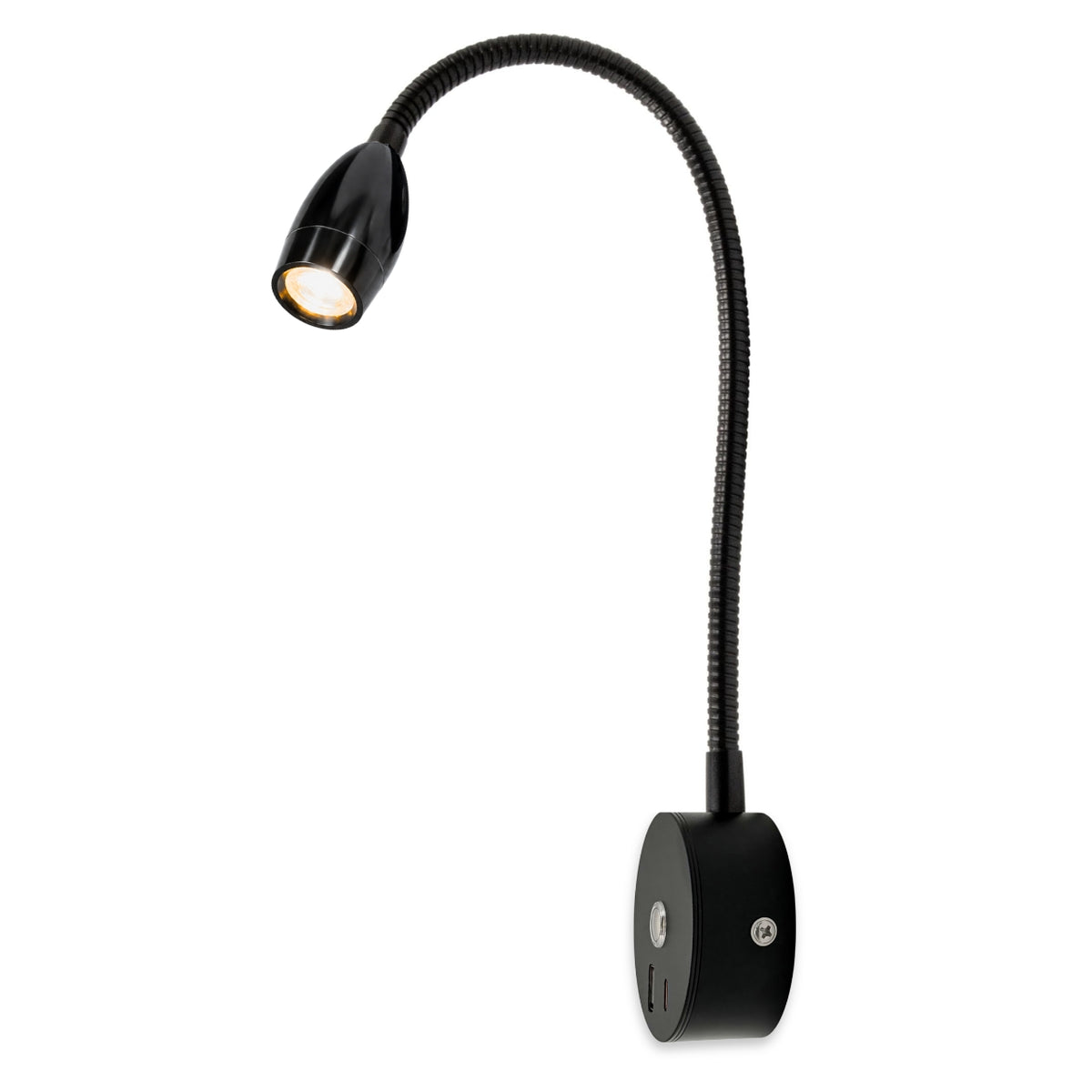 Black LED Tulip Reading Lamp with USB A+C, 300mm — Dimmable, Touch Control + Memory Function (Warm White)