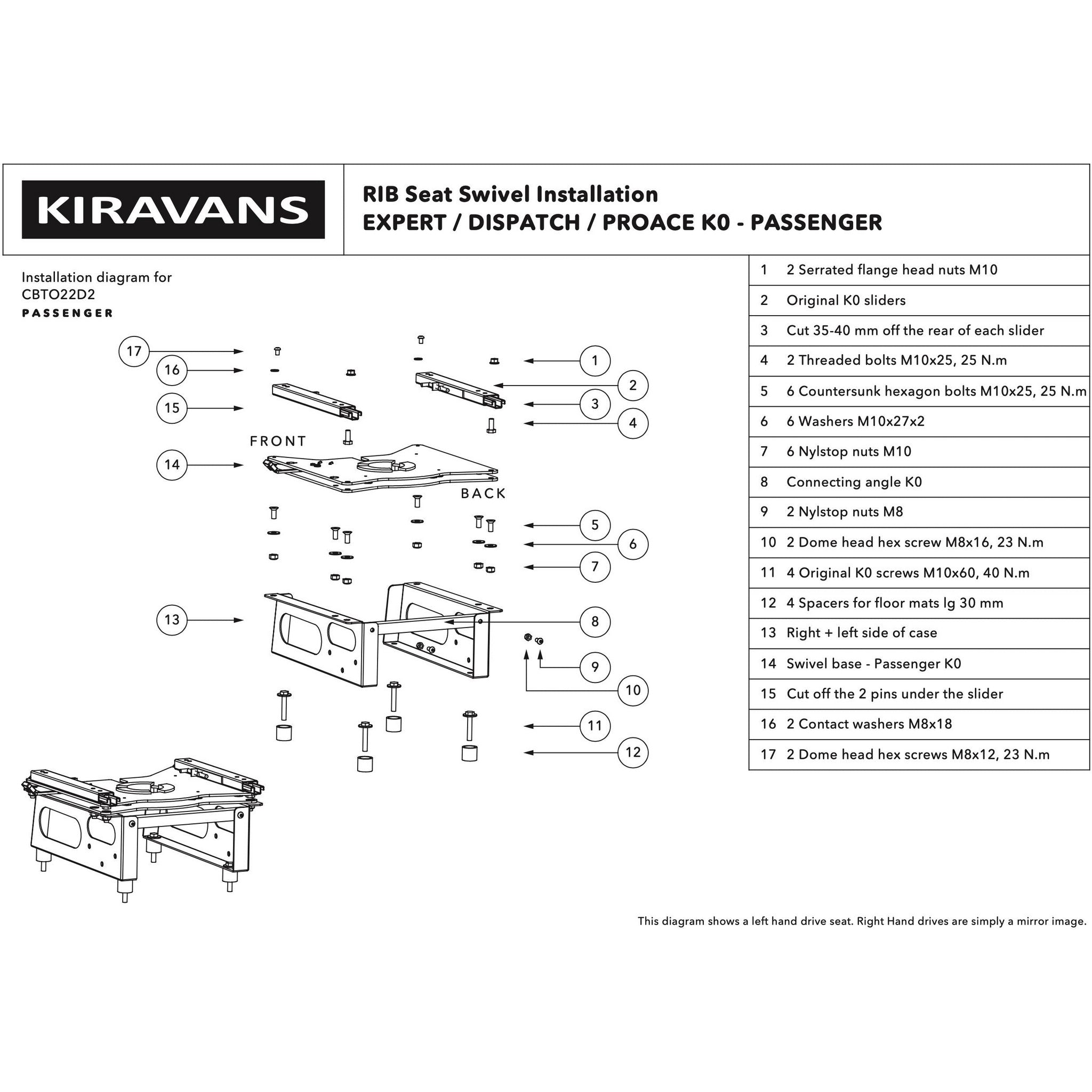 Expert K0 / Dispatch / ProAce (2016+) / Vivaro (2019+) Single Seat Swivel RIB - Passenger (Right Hand Drive) RIB 