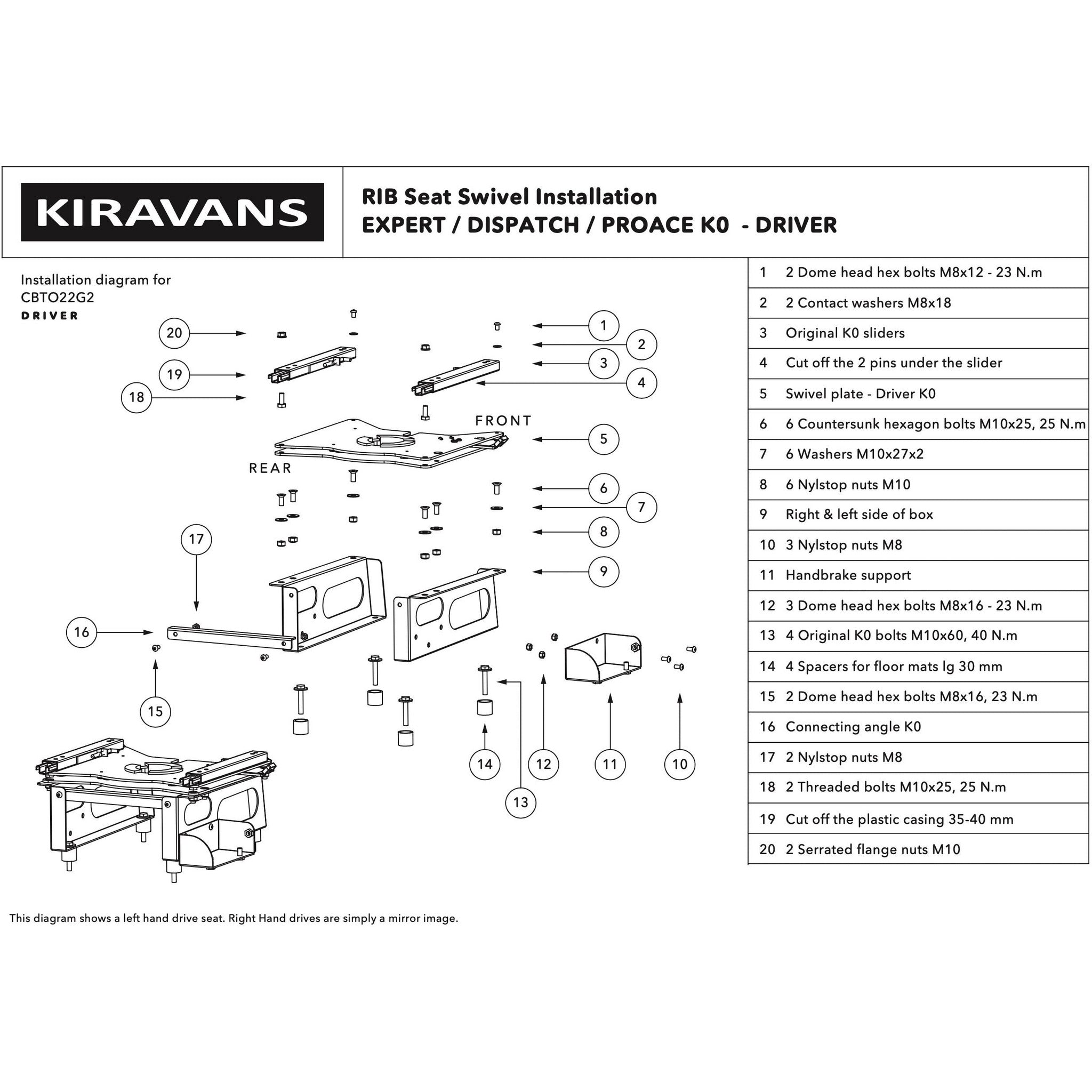 Expert K0 / Dispatch / ProAce (2016+) / Vivaro (2019+) Single Seat Swivel RIB - Driver (Right Hand Drive) RIB 