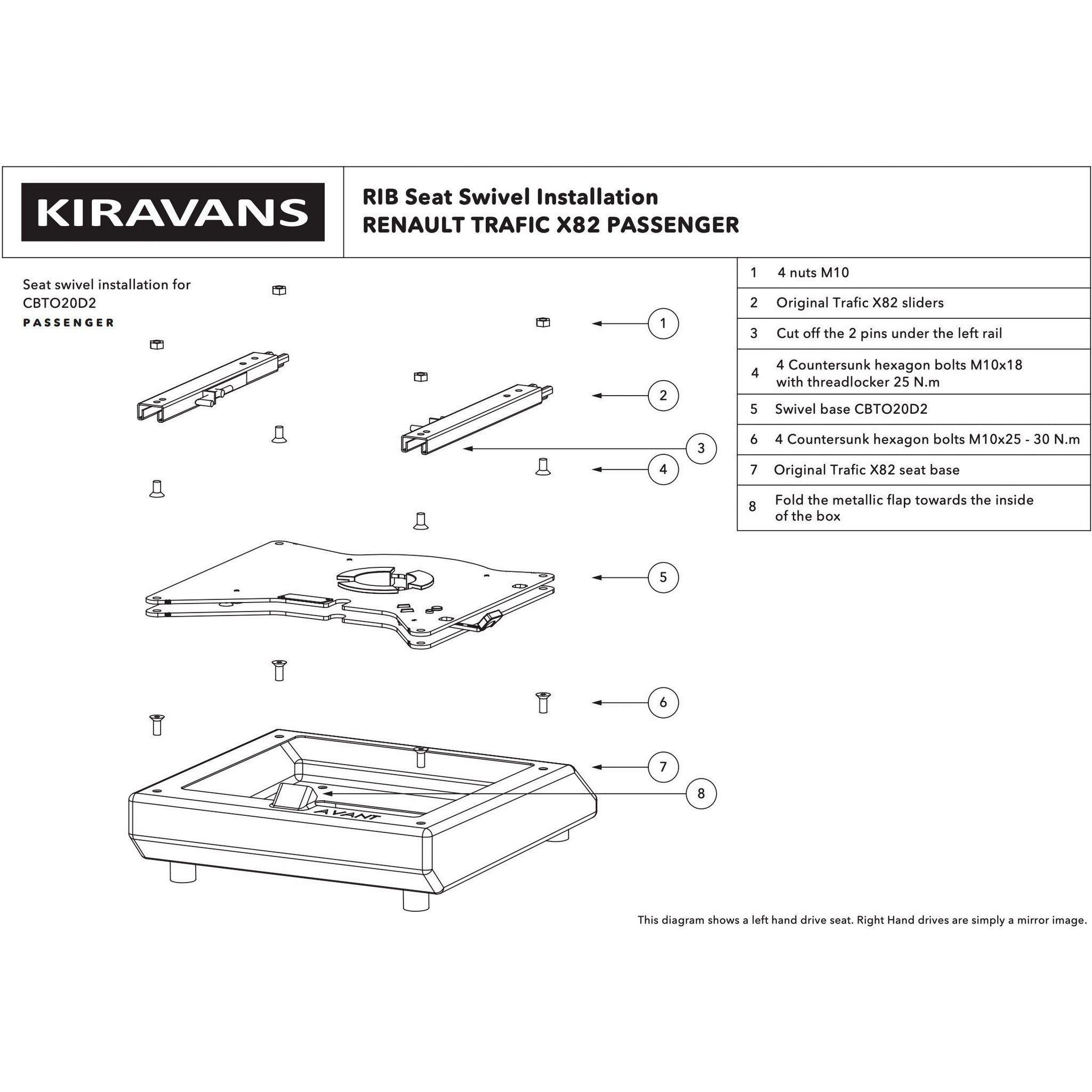 RIB X82 Vauxhall Vivaro / Renault Trafic / Fiat Talento / Nissan NV300 (2014-2018) Single Seat Swivel - Offset Passenger (Right Hand Drive) RIB 