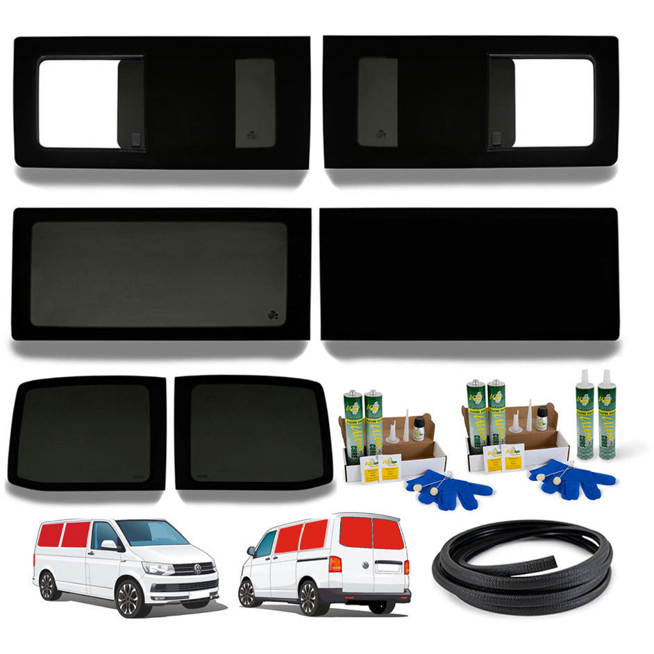 VW T5/T6 Complete Campervan Window Bundle - Twin Opening + Left Rear + Right Fake + Barn Doors Camper Glass by Kiravans 