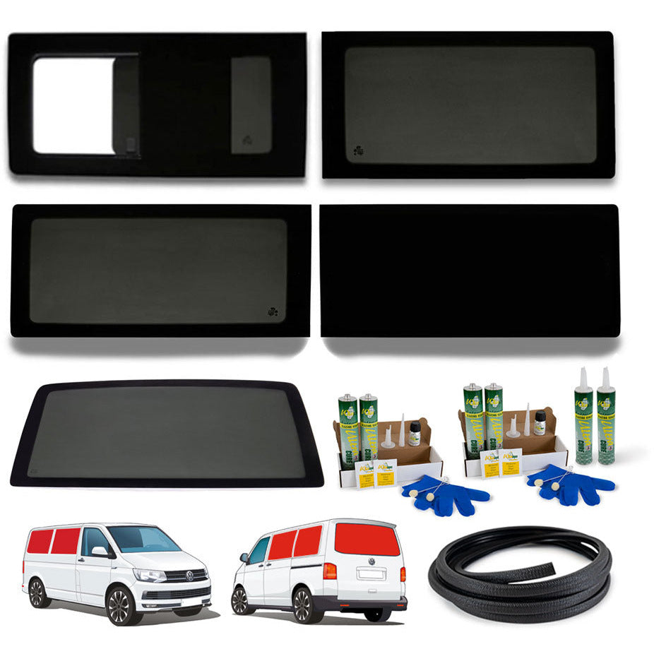 VW T5 Complete Campervan Window Bundle - Left fixed + Right Opening + Left Rear + Right FAKE + Tailgate Camper Glass by Kiravans 